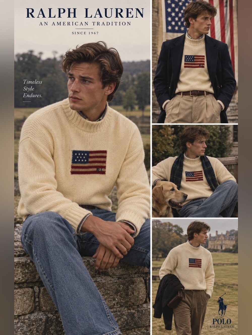 Grail Vintage Ralph Lauren USA Flag Knit Turtleneck Sweater Size Medium Cream